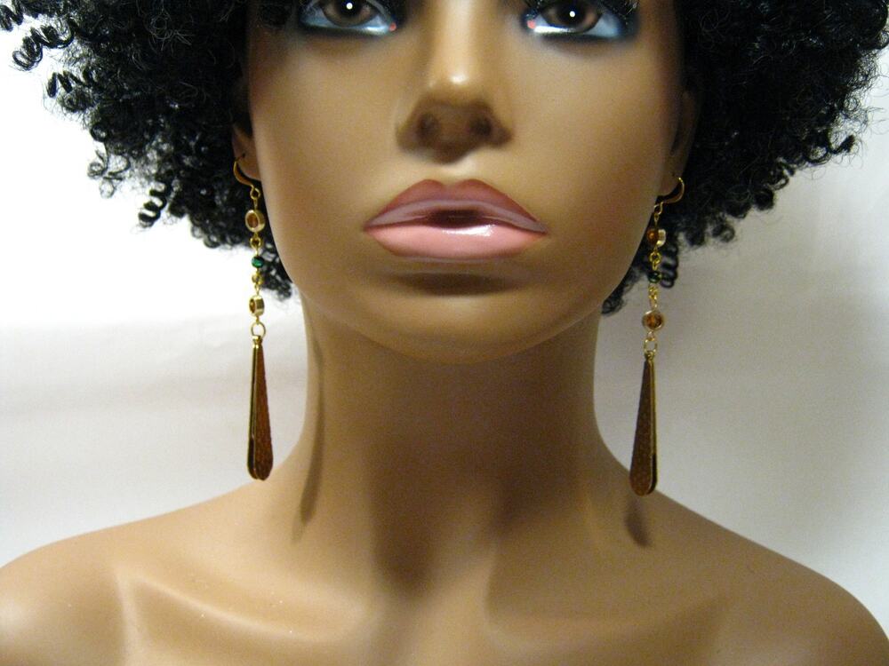 Gold Hammered metal Crystal accented Vintage Beaded long Drop Earrings